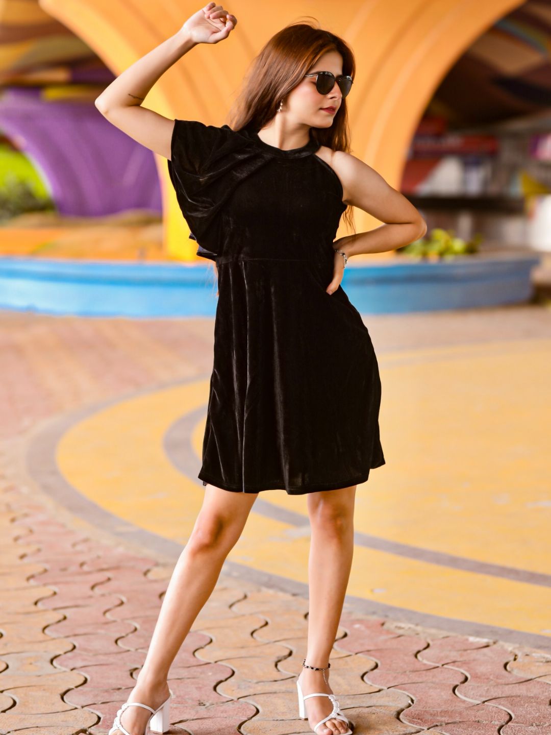 Ruffle Detail Stretchable Velvet Skater Dress - Uptownie