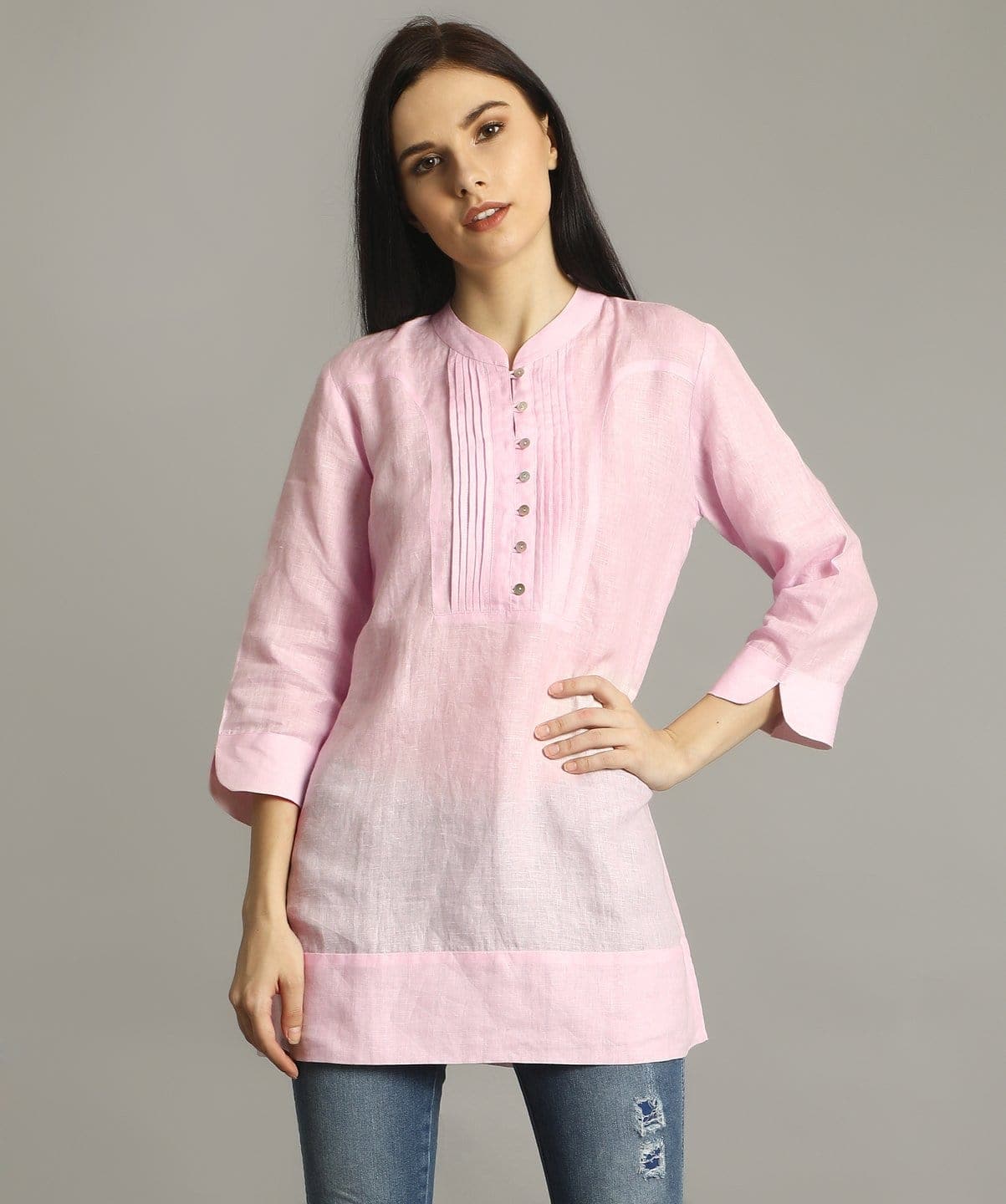 Baby Pink Mandarin Neck Pleated Linen Tunic - Uptownie