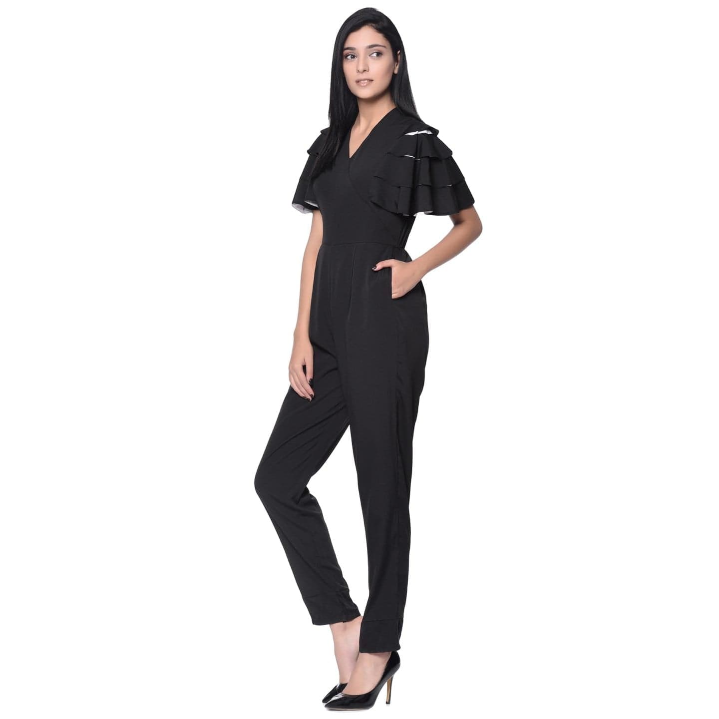 Black Ruffle Sleeves Jumpsuit - Uptownie