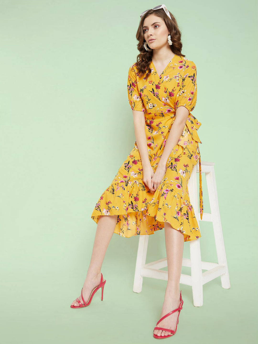Floral Print Midi Wrap Dress - Uptownie