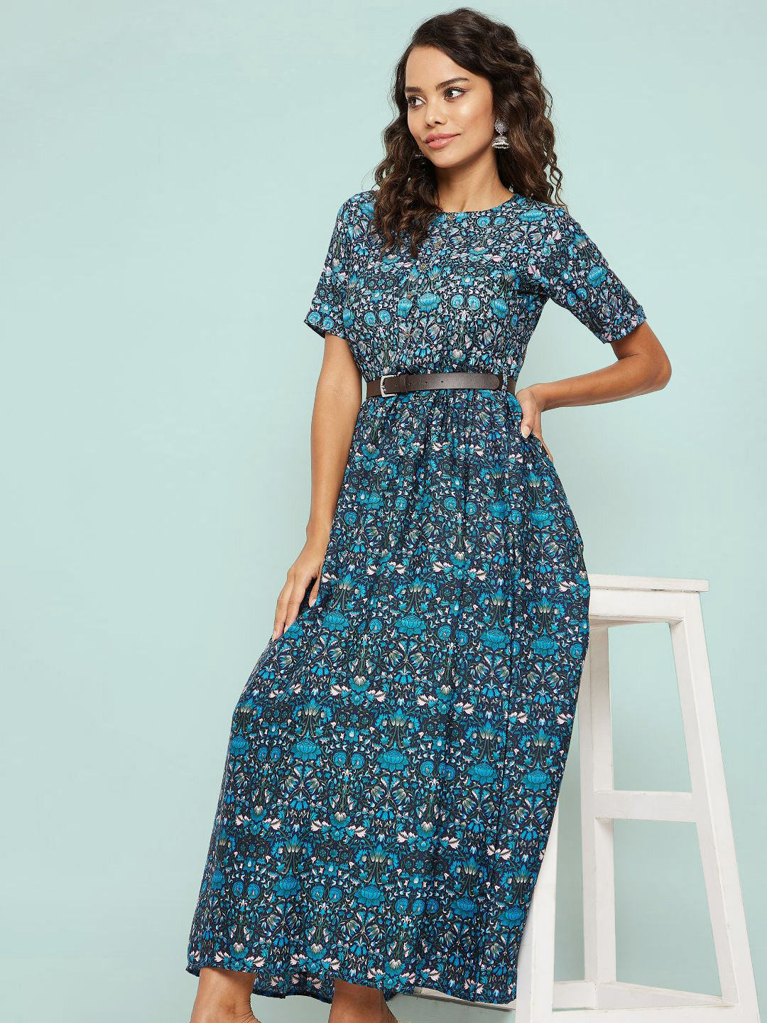 Printed Maxi Dress with Belt - Uptownie