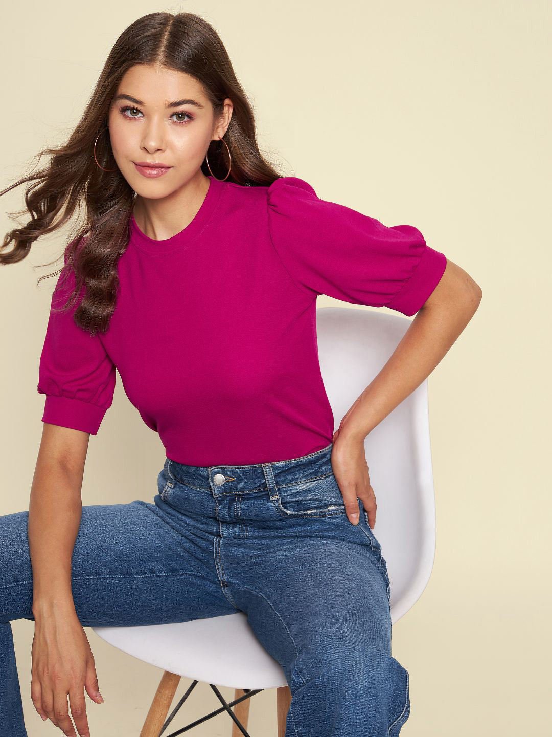 Cotton Solid Stretchable High Neck Puff Sleeve Top - Uptownie