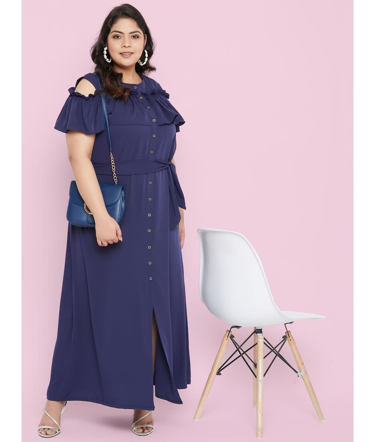 Plus Ruffled Buttoned Cold Shoulder Navy Blue Maxi Dress - Uptownie