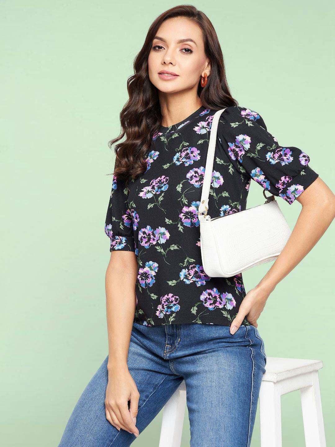 Cotton Floral Printed Stretchable High Neck Puff Sleeve Top - Uptownie