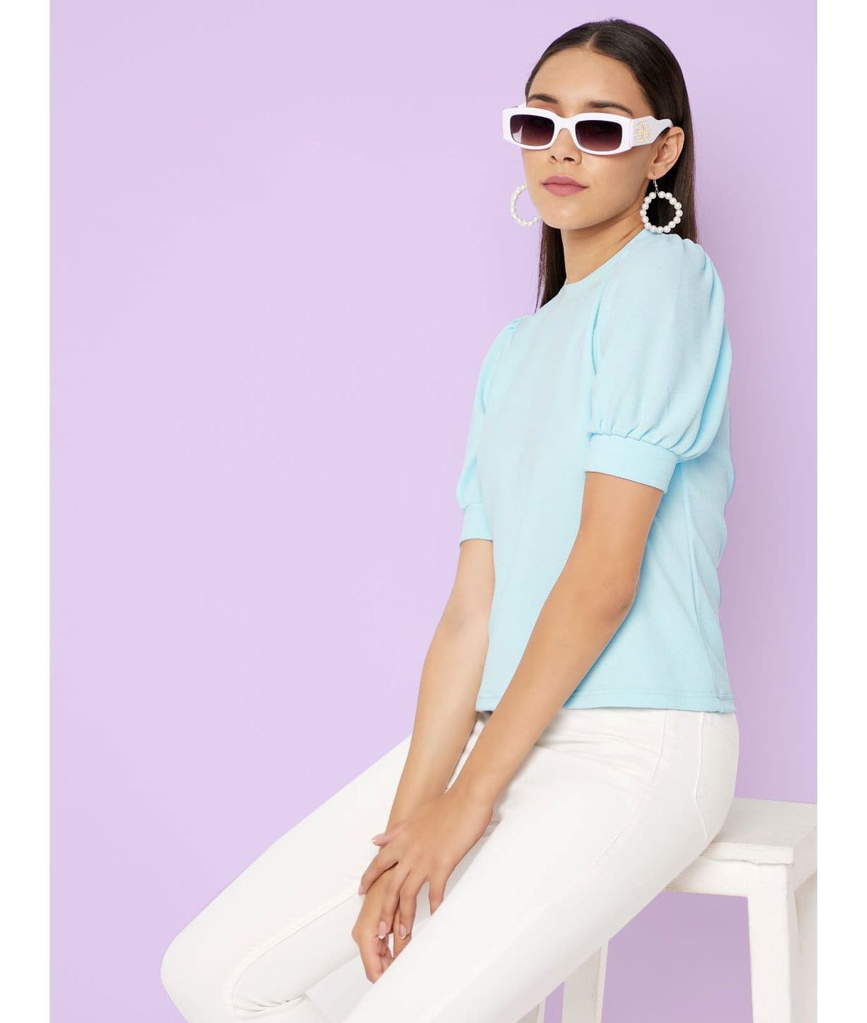 Plus Cotton Solid Stretchable Puff Sleeve Top - Uptownie