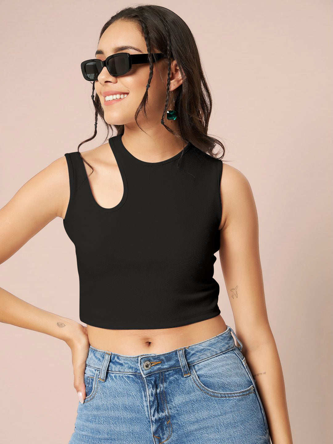 Cotton Stretchable Shoulder Cutout Crop Top - Uptownie