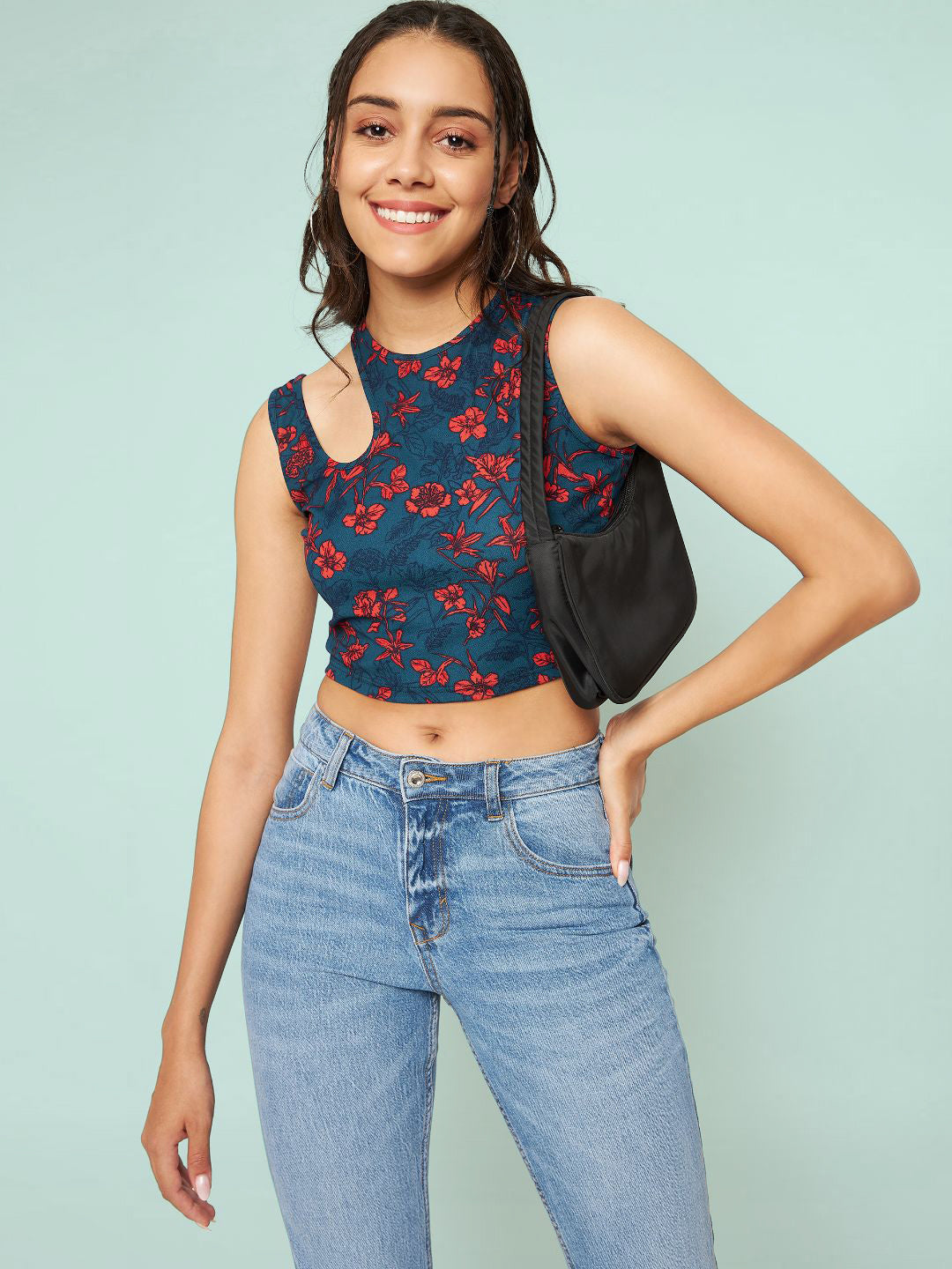 Printed Cotton Stretchable Shoulder Cutout Crop Top - Uptownie