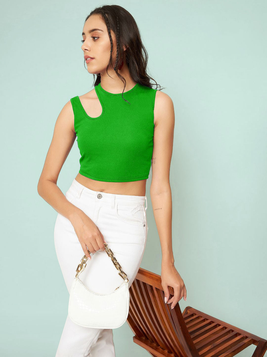 Cotton Stretchable Shoulder Cutout Crop Top - Uptownie