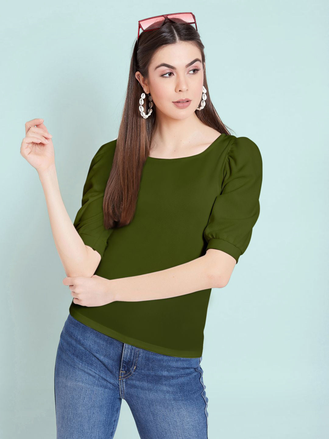 Cotton Solid Stretchable Round Neck Puff Sleeve Top - Uptownie
