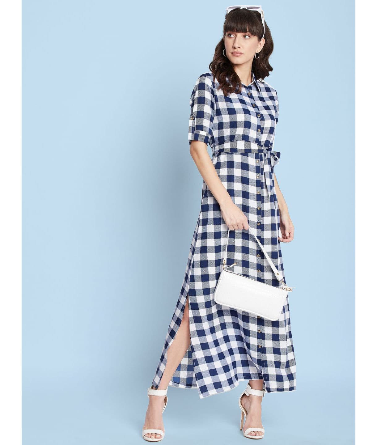 Plus Blue and White Check Collar Buttoned Down Shirt Maxi Dress - Uptownie
