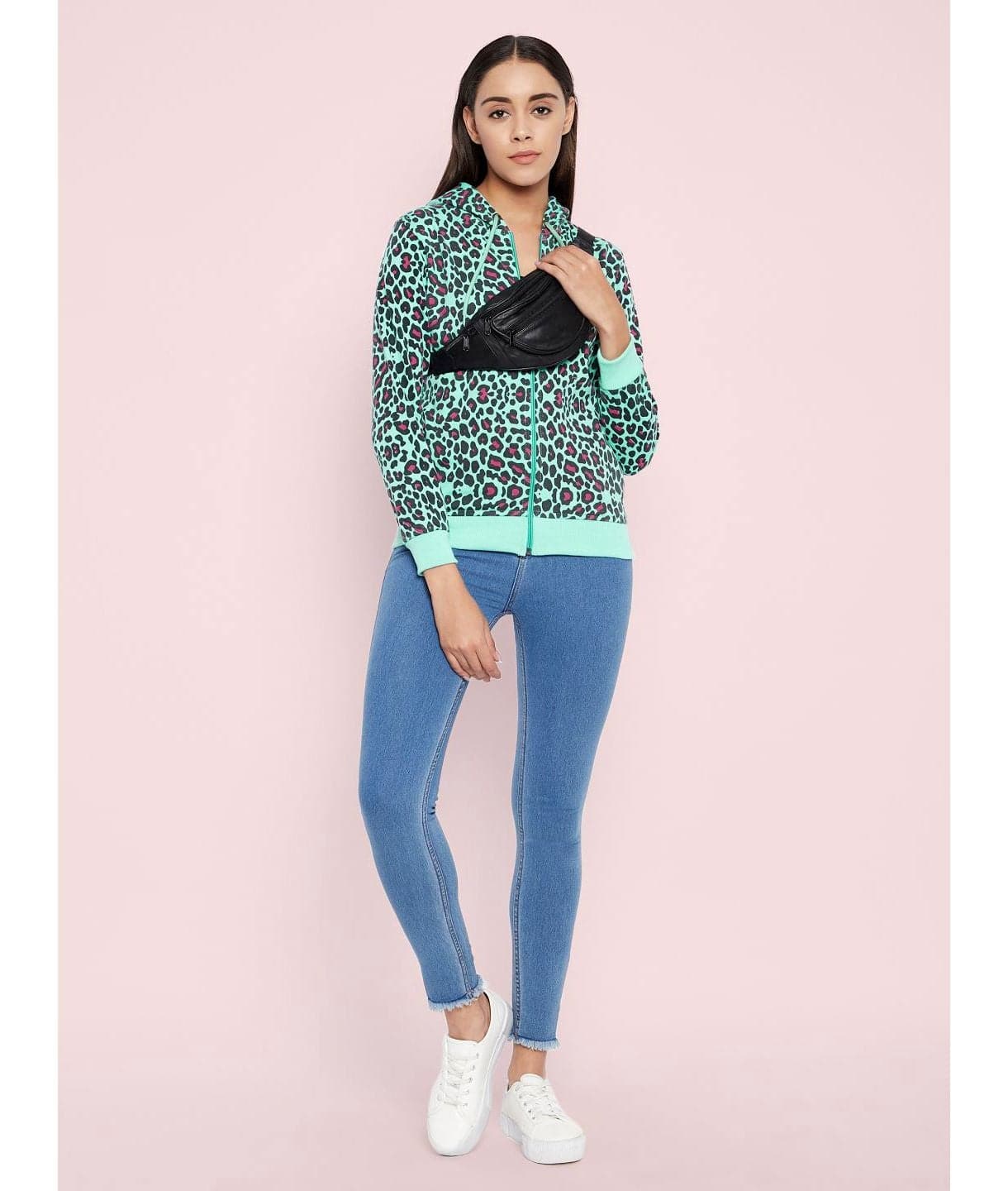 Animal Print Cotton Zippered Hoodie with Pockets - Uptownie