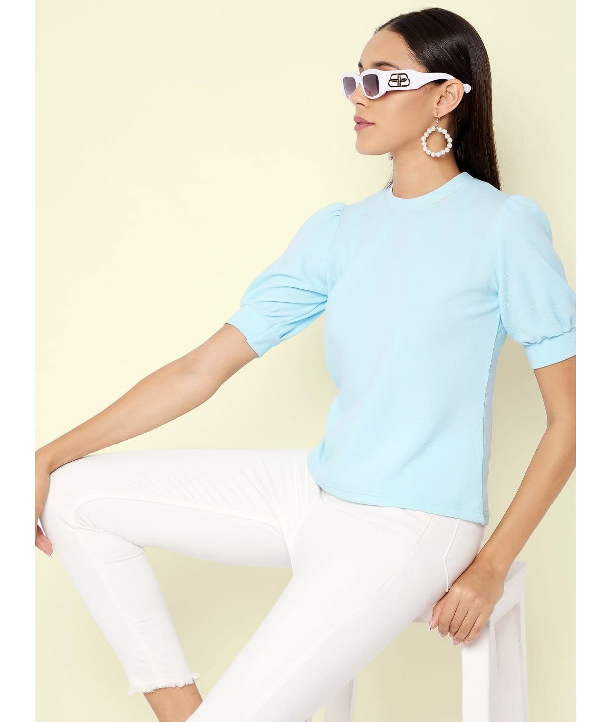 Cotton Solid Stretchable High Neck Puff Sleeve Top - Uptownie