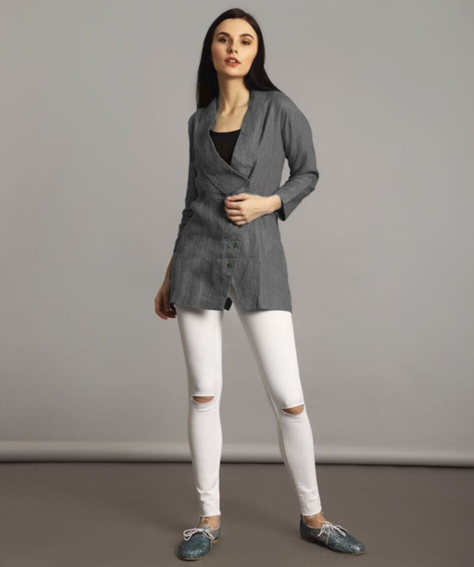 Grey Linen Jacket Style Tunic - Uptownie