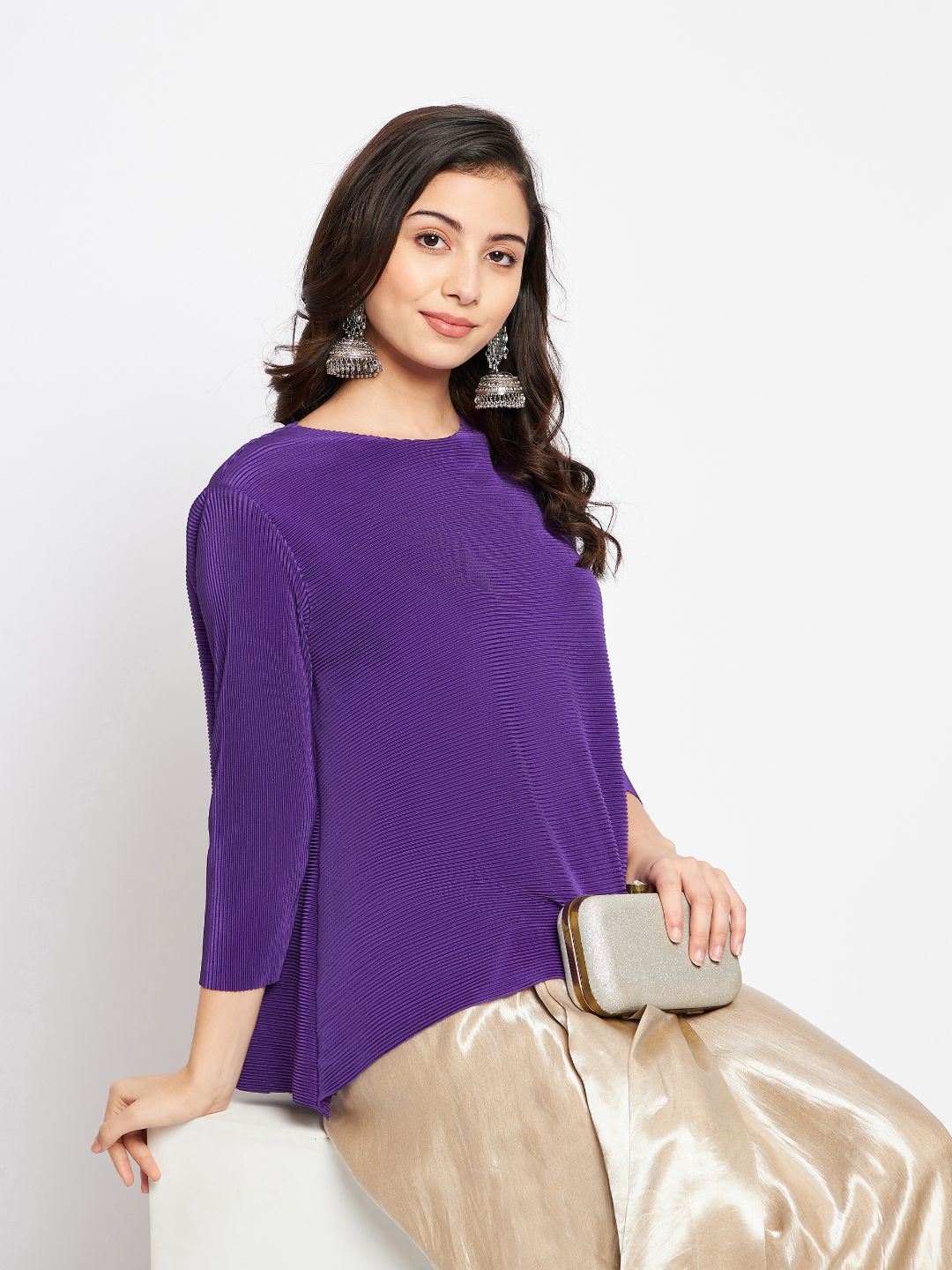 Pleated Three-fourth Sleeve Flared Top - Uptownie