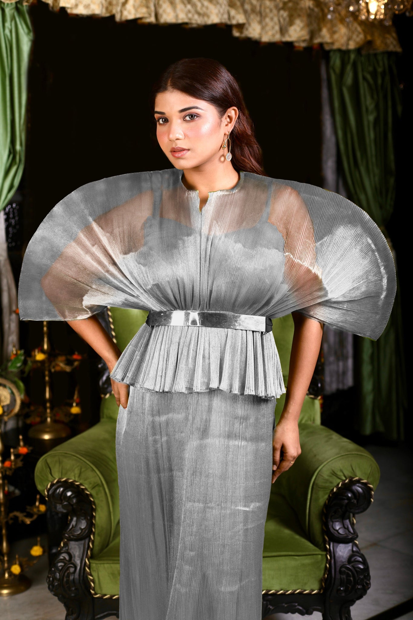 Pleated Midi Skirt and Exaggerated Sleeves Set - Uptownie