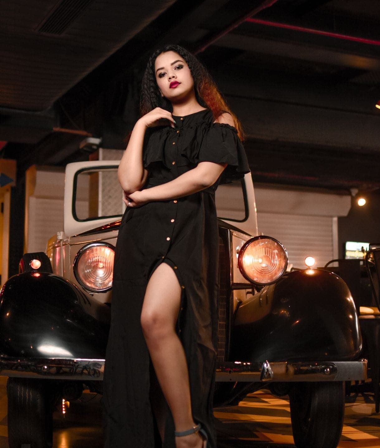 Ruffled Buttoned Cold Shoulder Maxi Dress - Uptownie