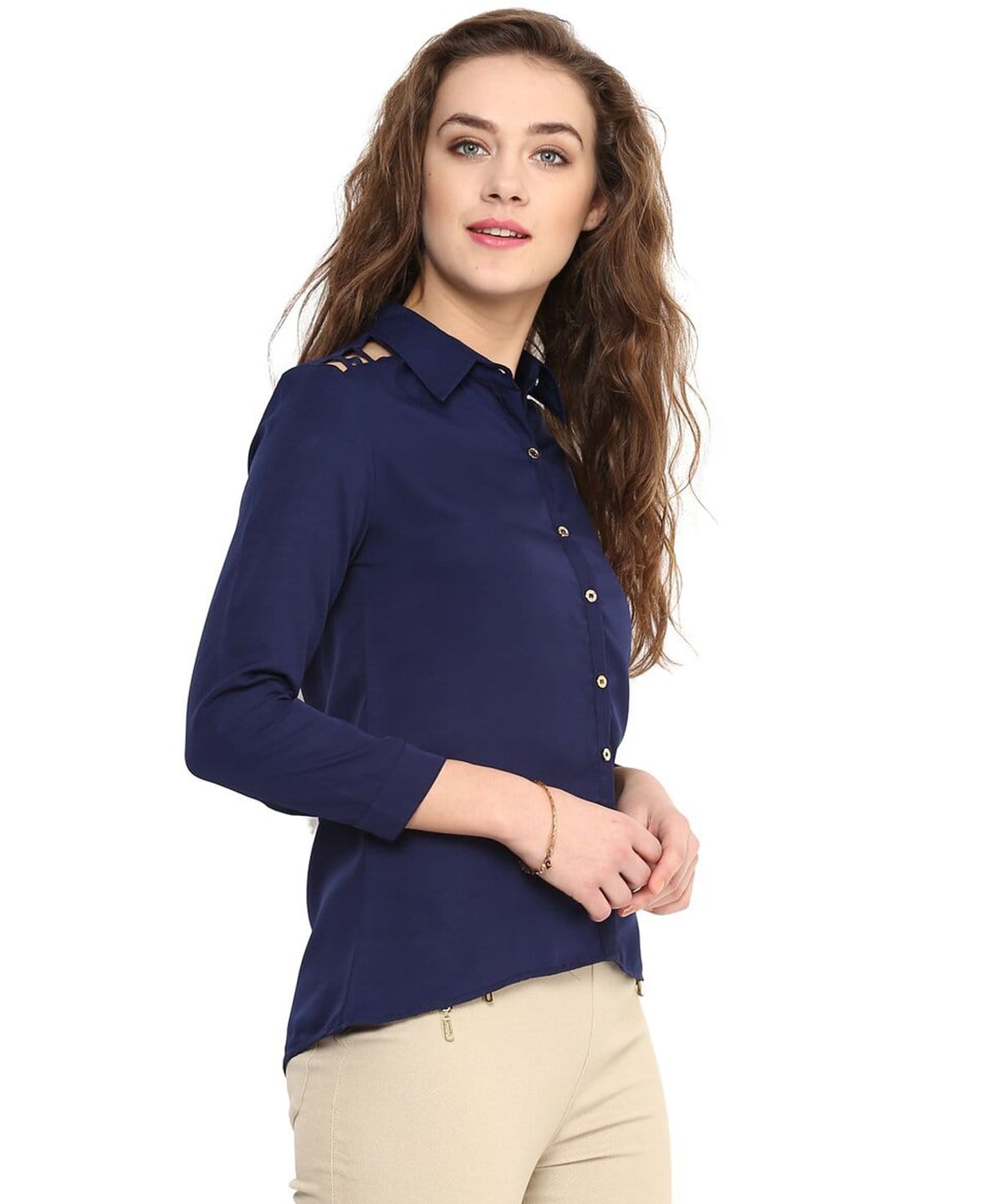 Navy Blue Solid Button Down Crepe Shirt - Uptownie