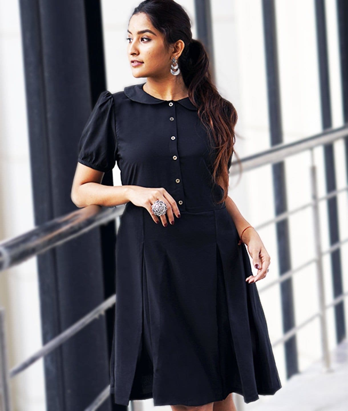 Solid Peterpan Collar Skater Dress - Uptownie