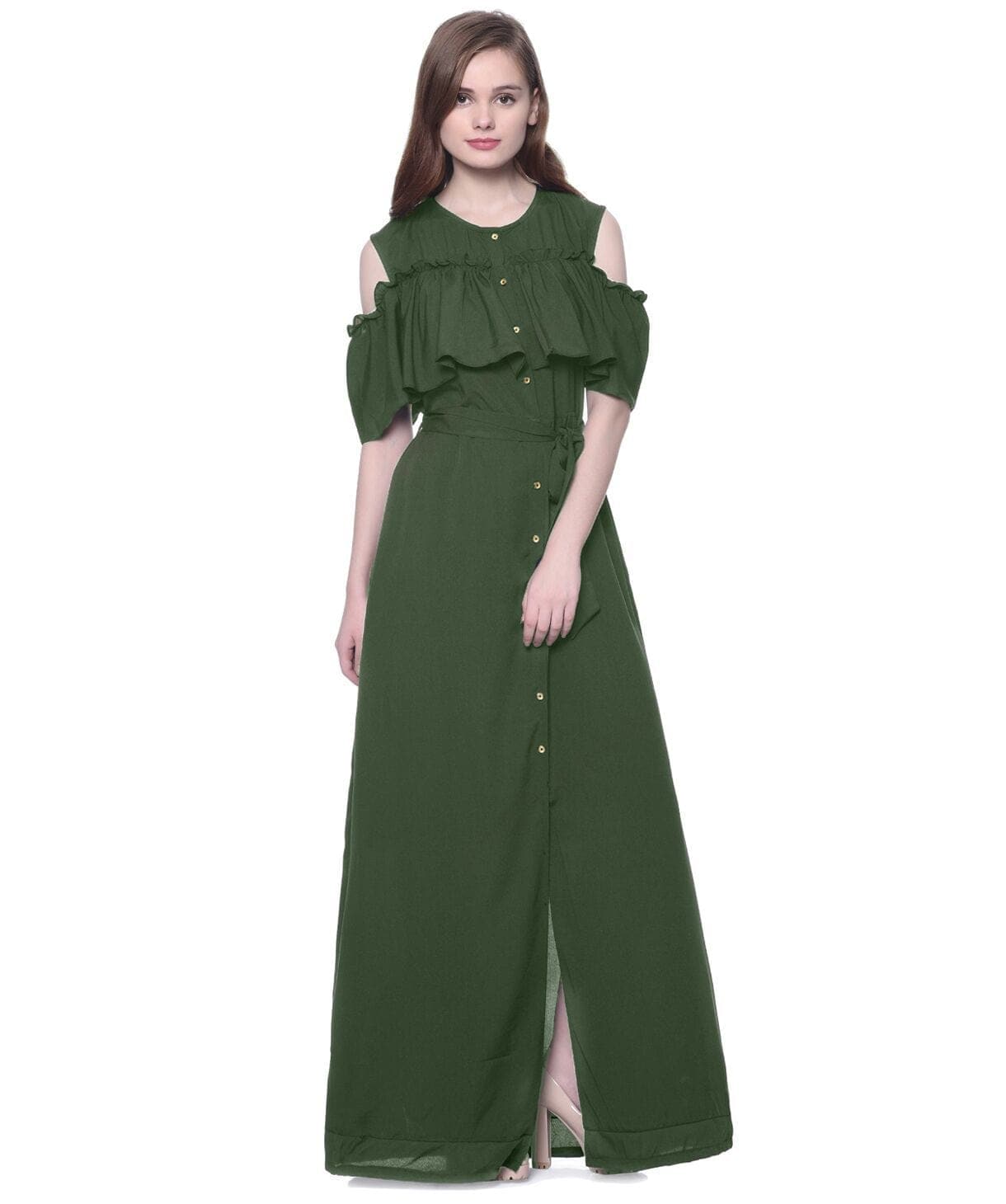 Ruffled Buttoned Cold Shoulder Maxi Dress - Uptownie