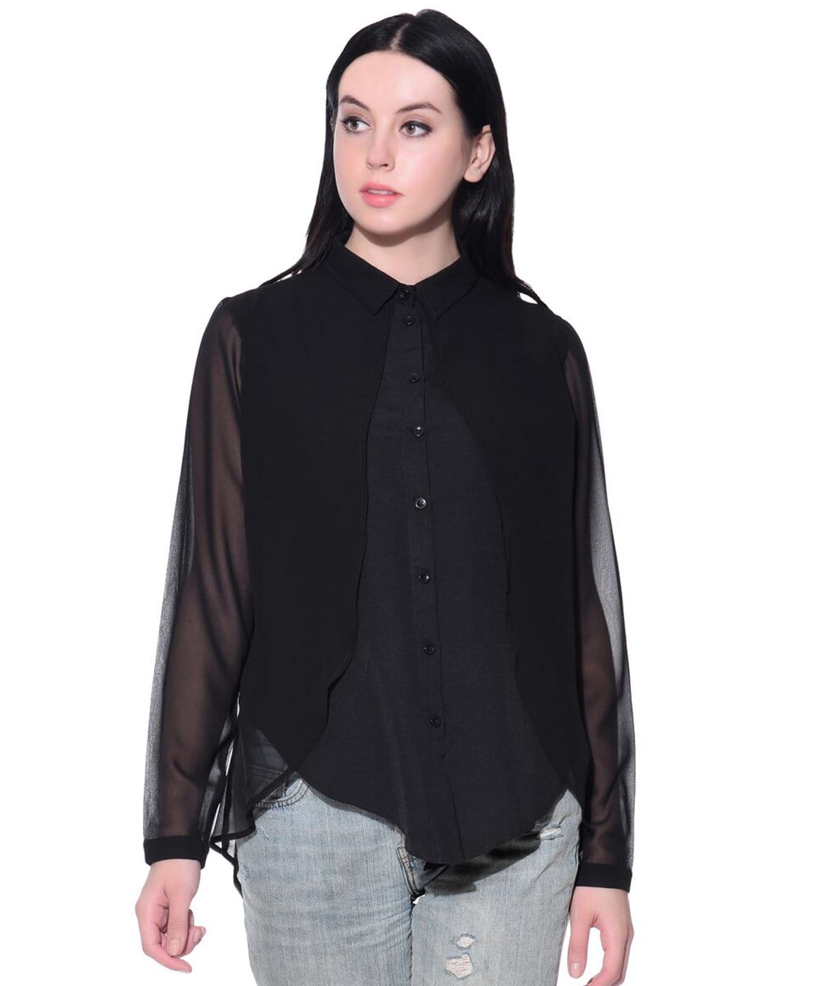 Solid Black Ruffle Georgette Overlay Shirt - Uptownie