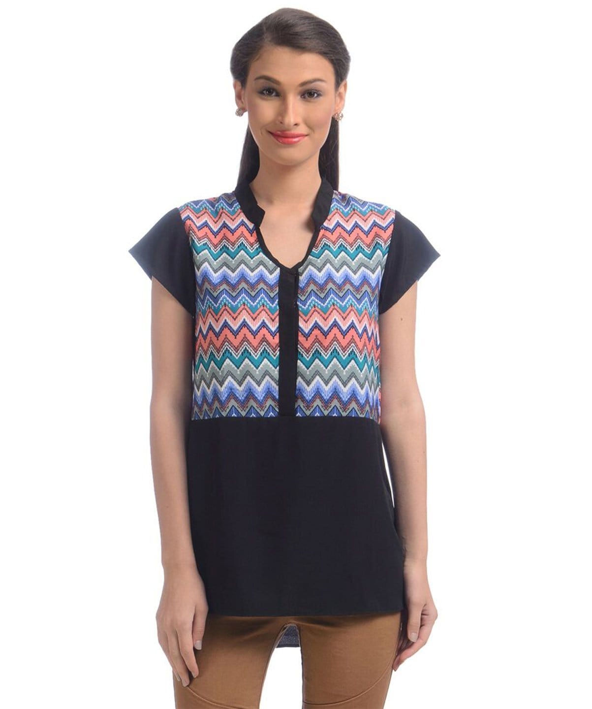 Solid & Printed Crepe Blue Mandarin Neck Top - Uptownie