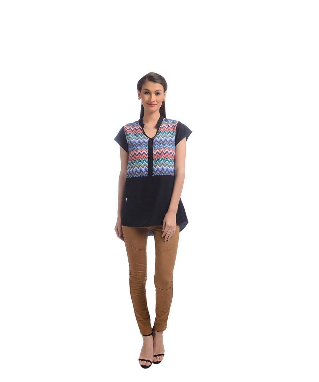 Solid & Printed Crepe Blue Mandarin Neck Top - Uptownie