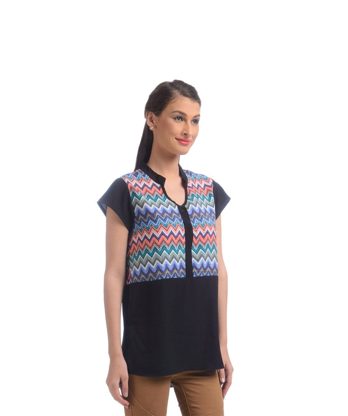 Solid & Printed Crepe Blue Mandarin Neck Top - Uptownie