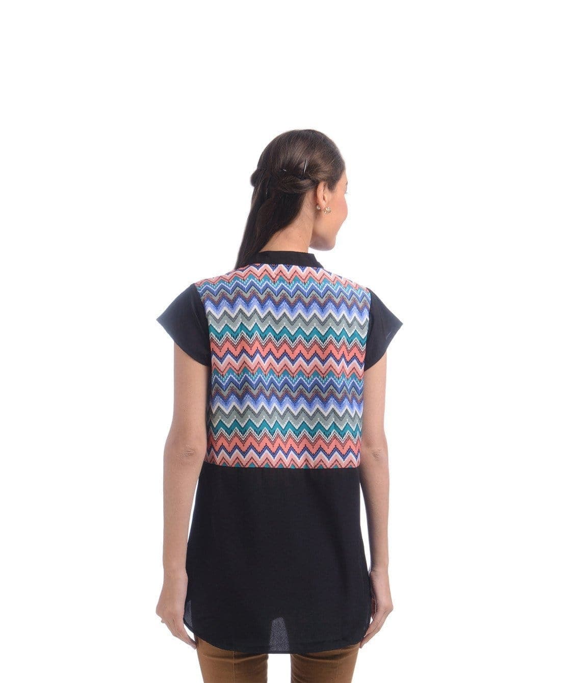 Solid & Printed Crepe Blue Mandarin Neck Top - Uptownie