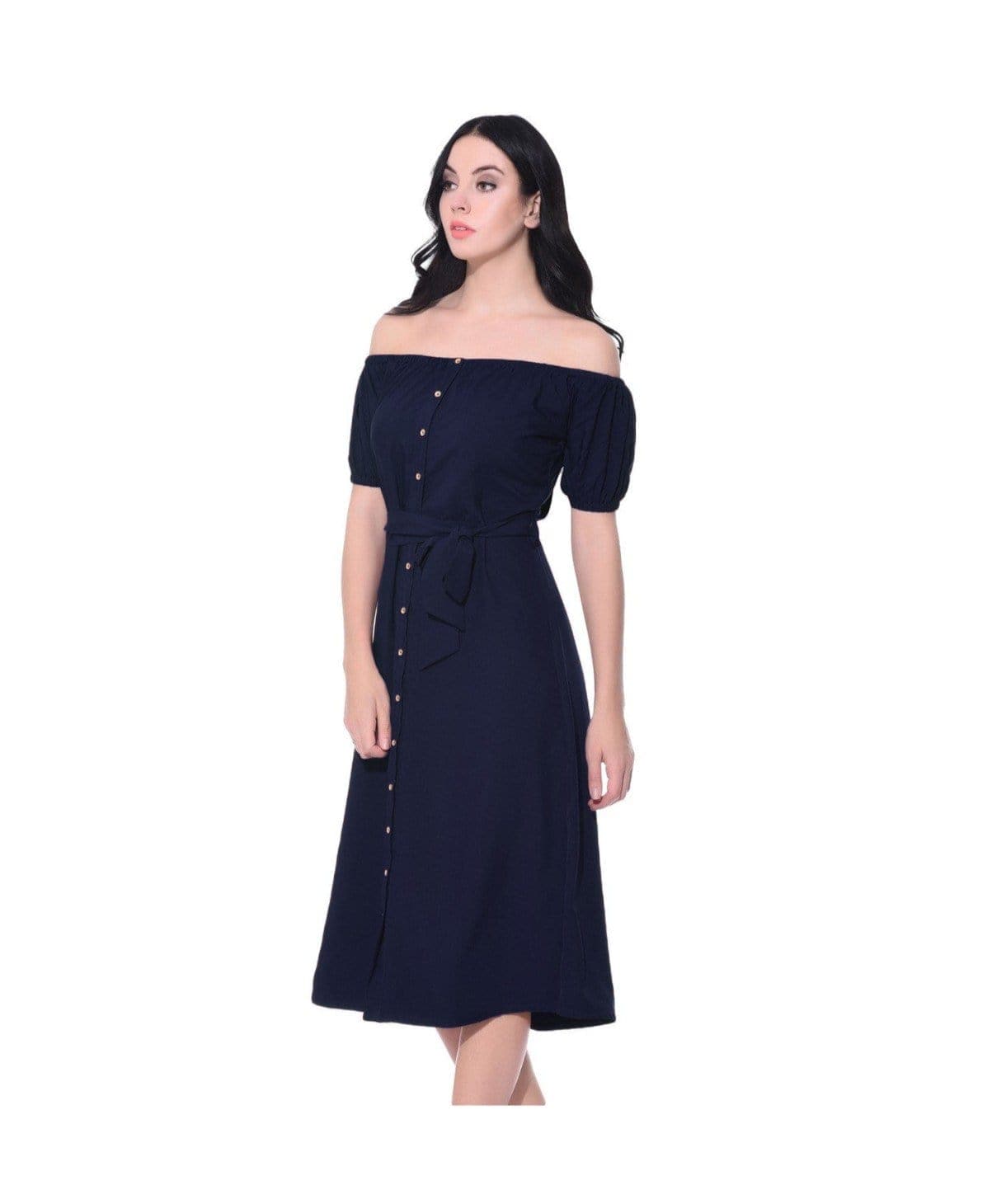 Solid Navy Off Shoulder Buttoned Down Dress - Uptownie