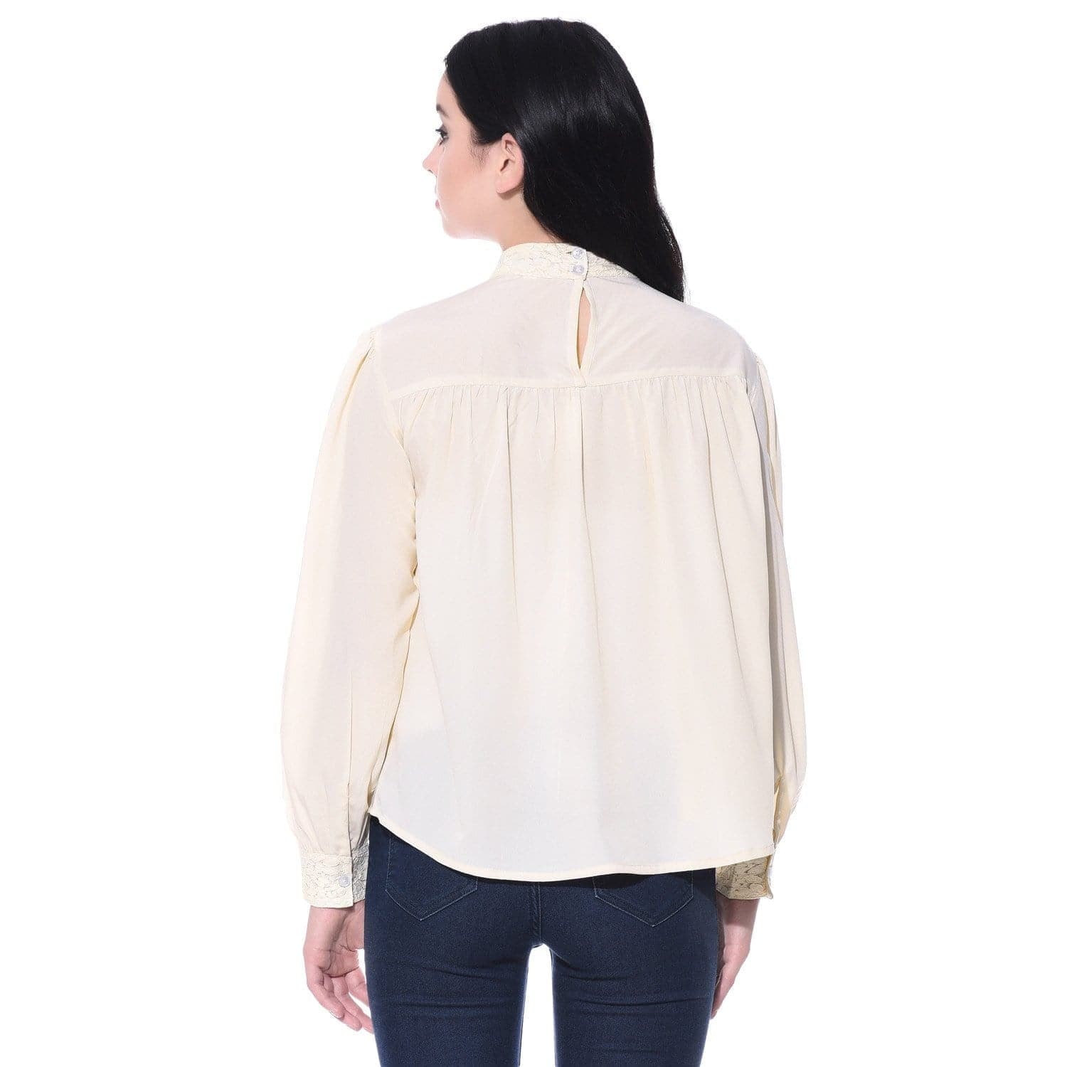 Solid White Long Sleeves Casual Crepe Lace Top - Uptownie