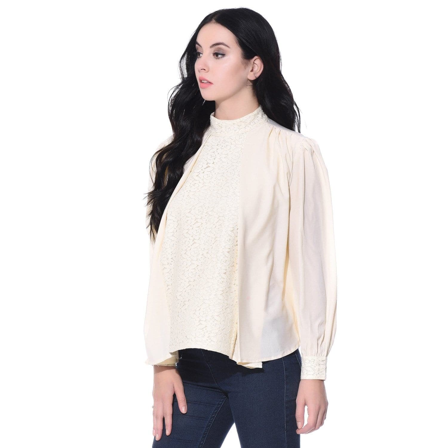 Solid White Long Sleeves Casual Crepe Lace Top - Uptownie