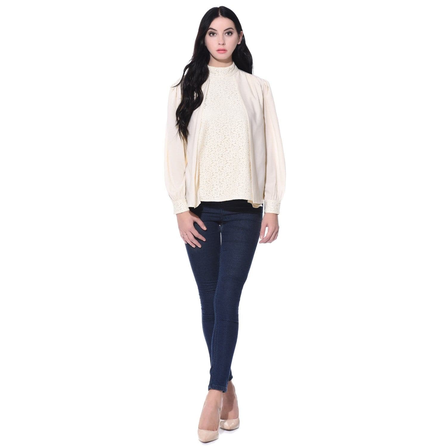 Solid White Long Sleeves Casual Crepe Lace Top - Uptownie