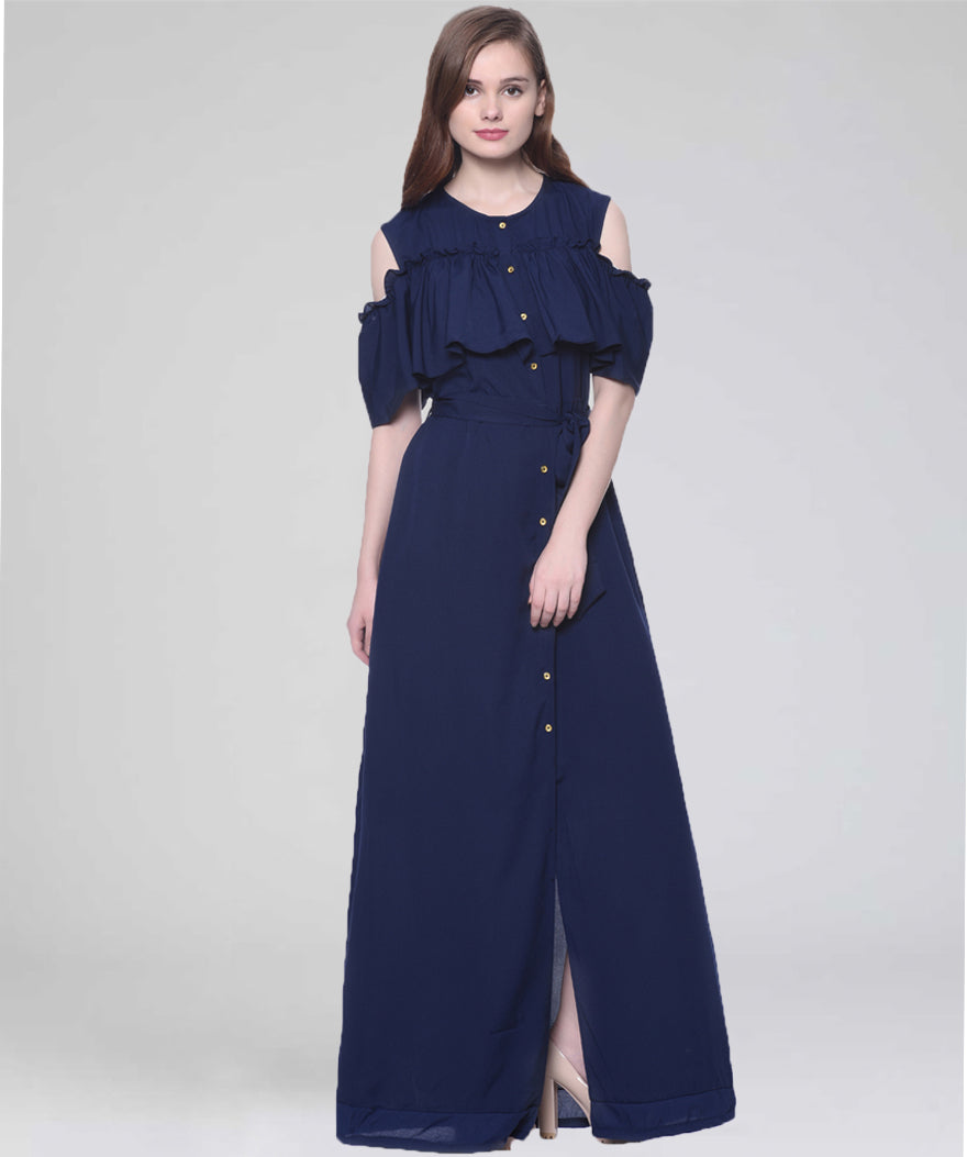 Ruffled Buttoned Cold Shoulder Maxi Dress - Uptownie
