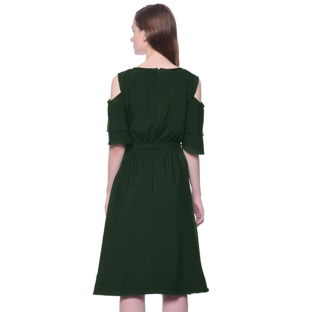 Solid Green Ruffle Cold Shoulder Dress - Uptownie