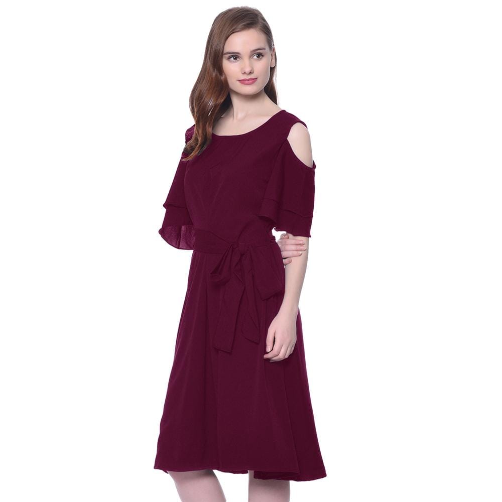 Solid Wine Ruffle Cold Shoulder Dress - Uptownie