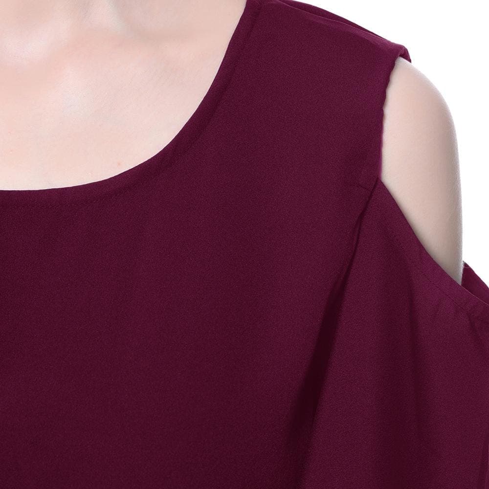 Solid Wine Ruffle Cold Shoulder Dress - Uptownie