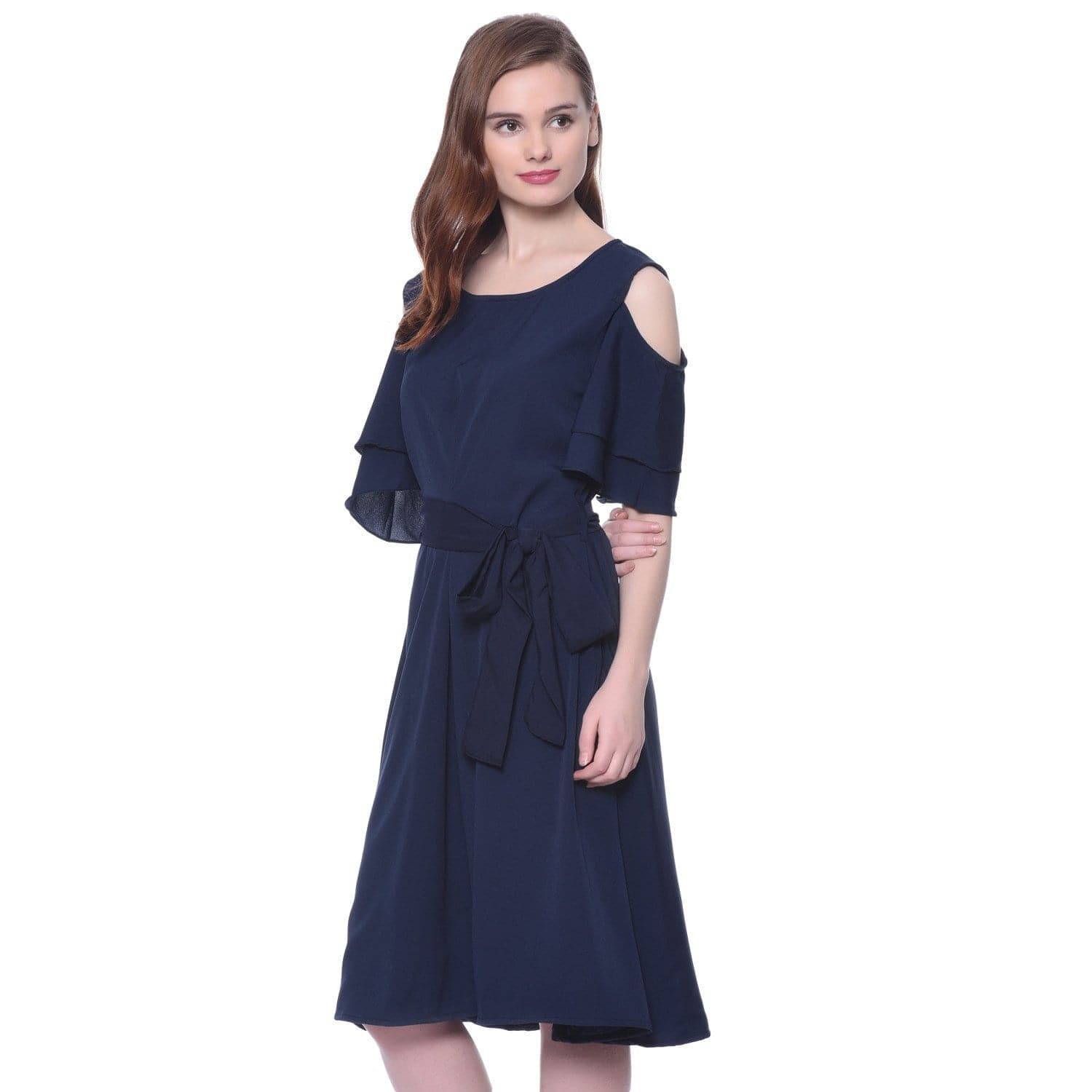 Solid Blue Cold Shoulder Ruffle Skater Dress - Uptownie