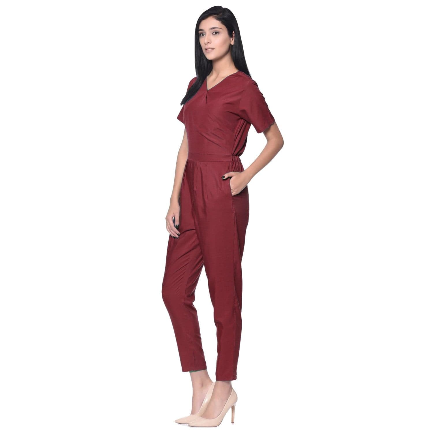 Maroon Wrap Neck Jumpsuit - Uptownie