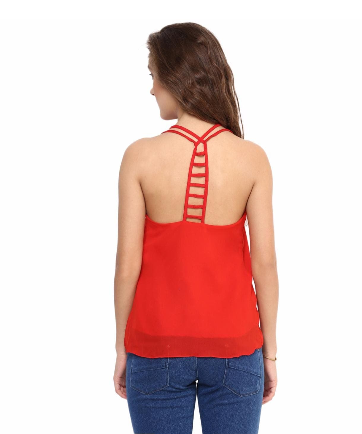 Solid Red Back Cutout Georgette Top - Uptownie