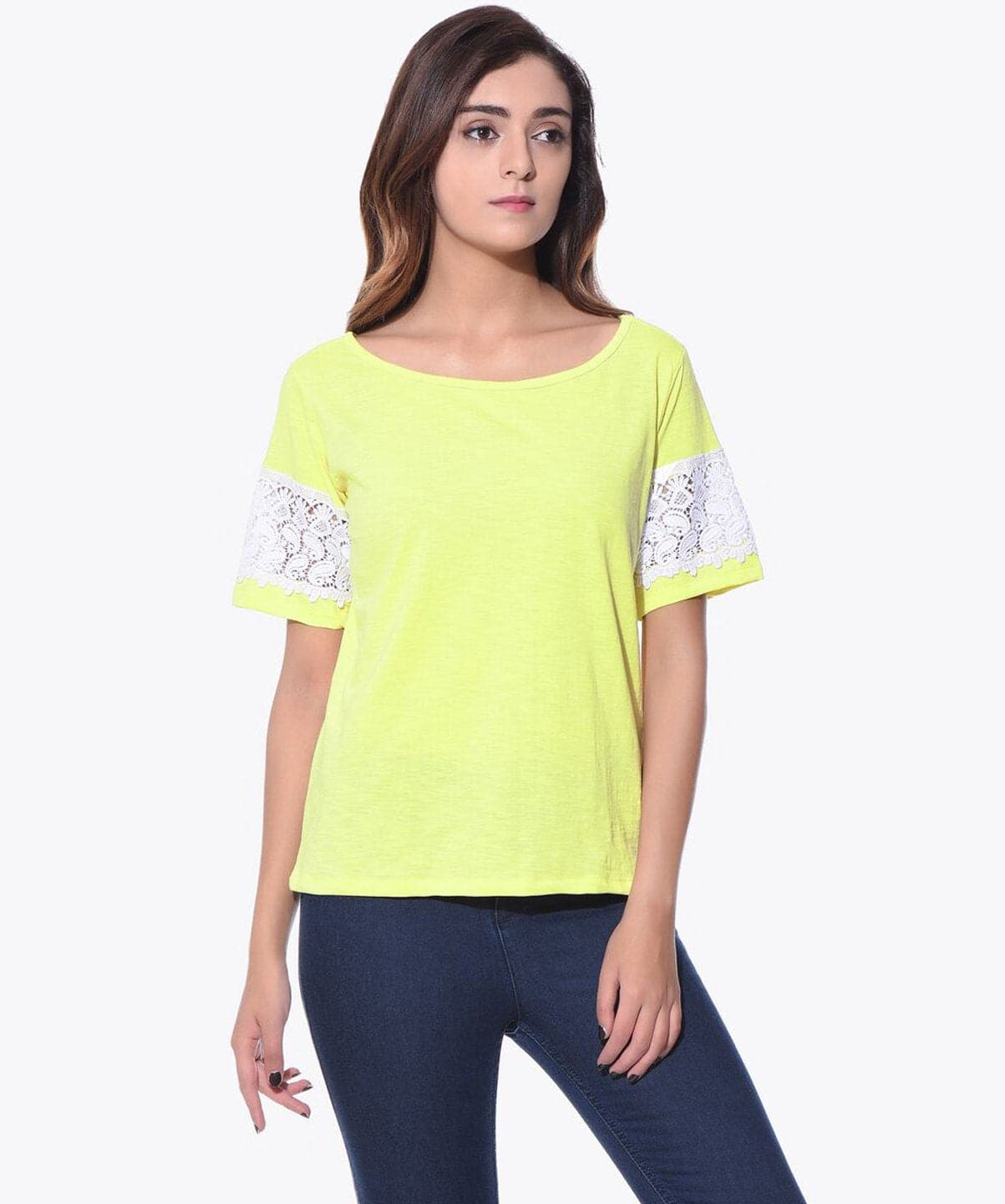Uptownie Solid Yellow Lace Sleeved Cotton Top - Uptownie