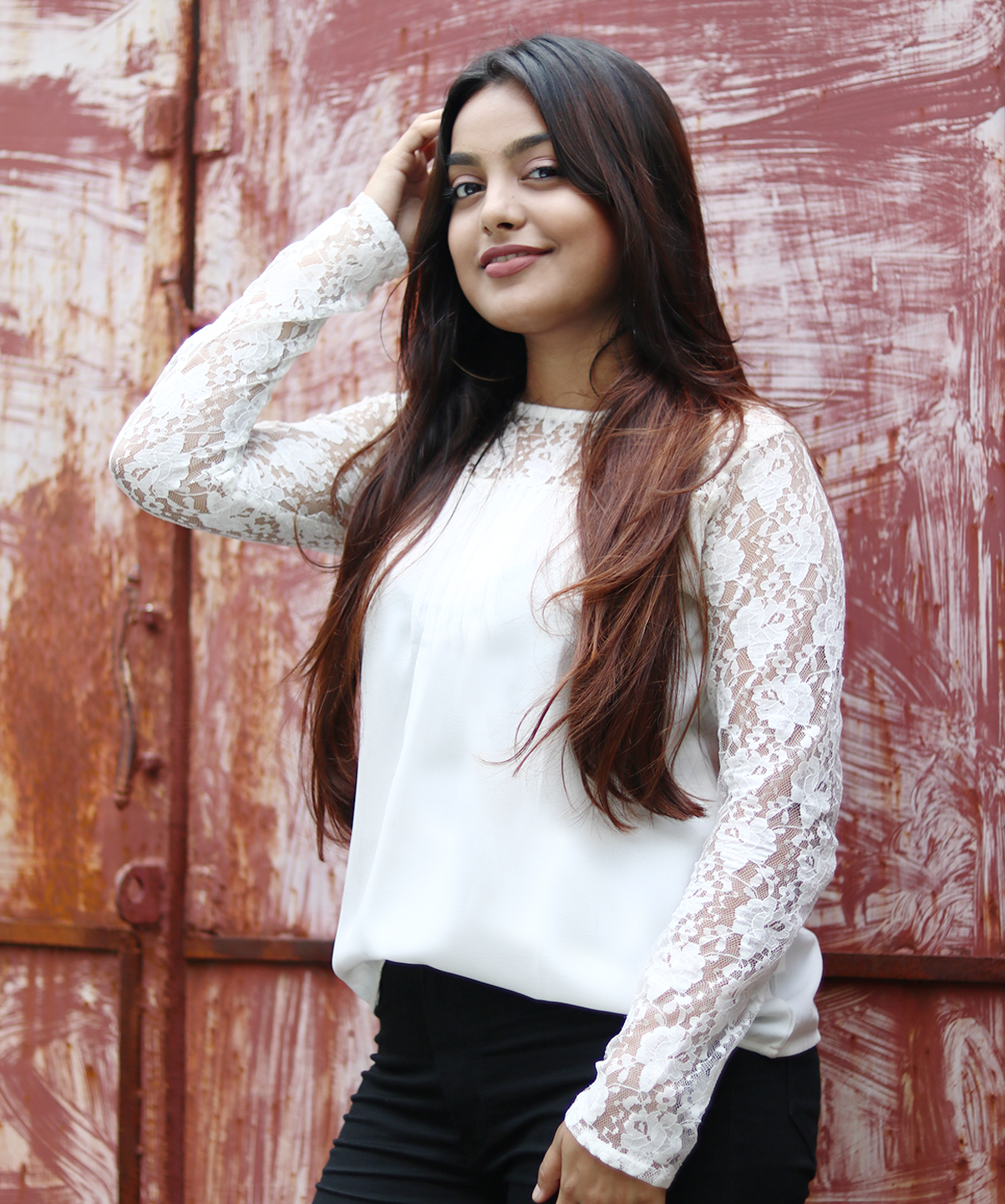 Uptownie X Pearl-Solid White Lace long Sleeves Top - Uptownie