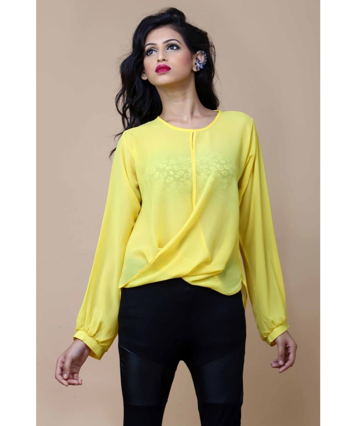 Uptownie X Pearl-Solid Yellow Draped Top - Uptownie