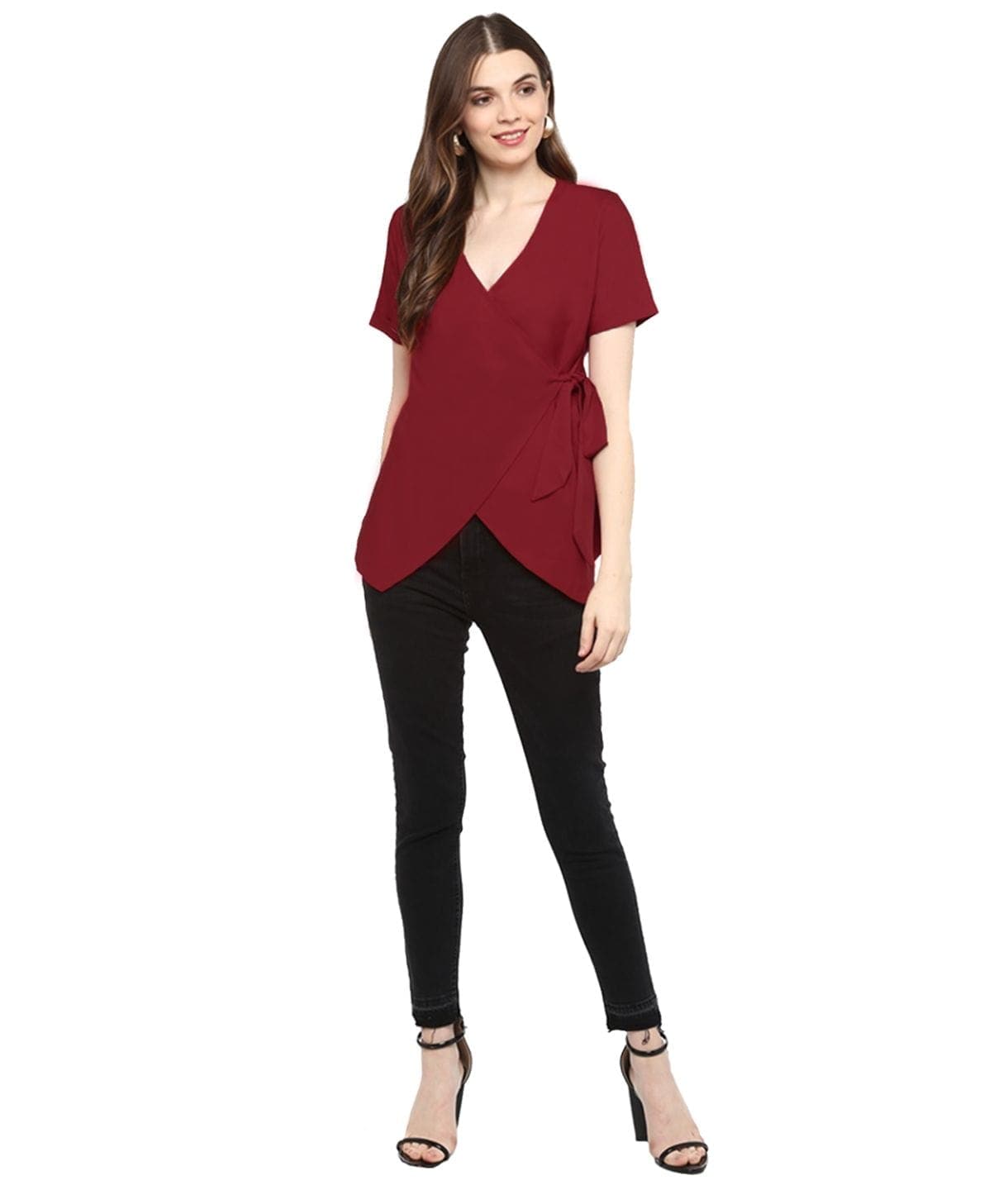 Reddish Maroon Solid Crepe Wrap Top - Uptownie