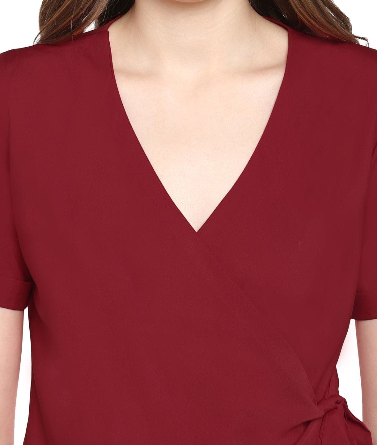 Reddish Maroon Solid Crepe Wrap Top - Uptownie