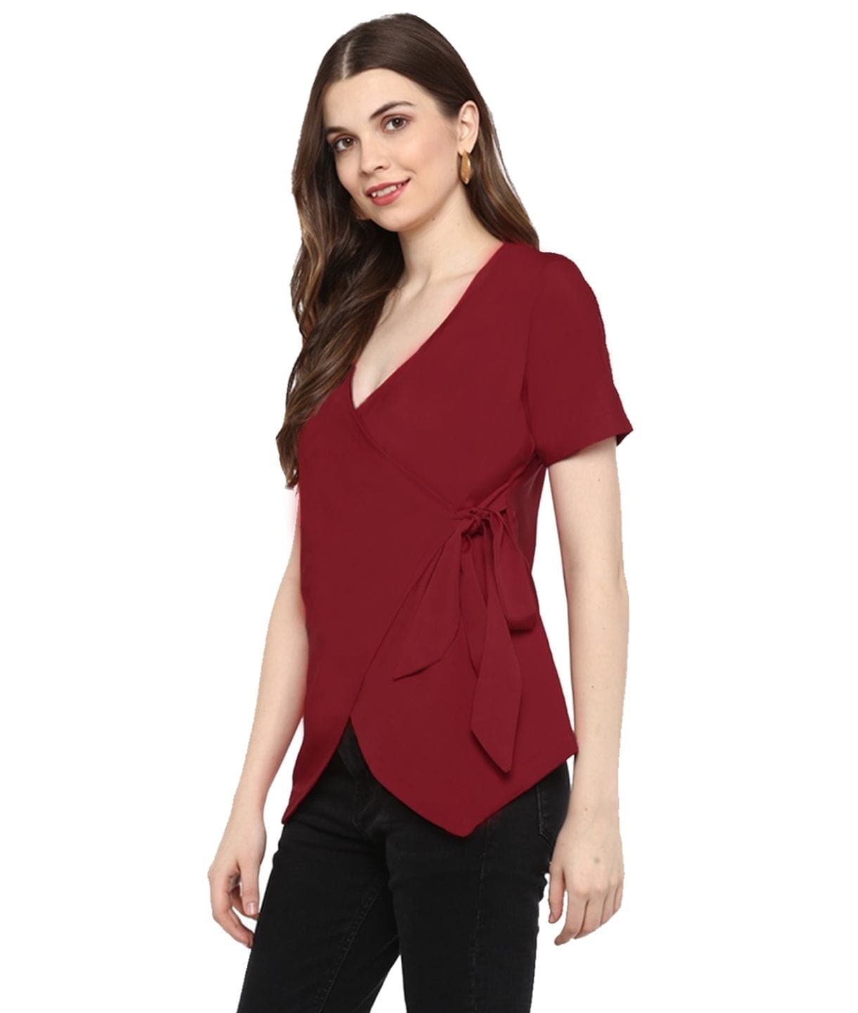 Reddish Maroon Solid Crepe Wrap Top - Uptownie