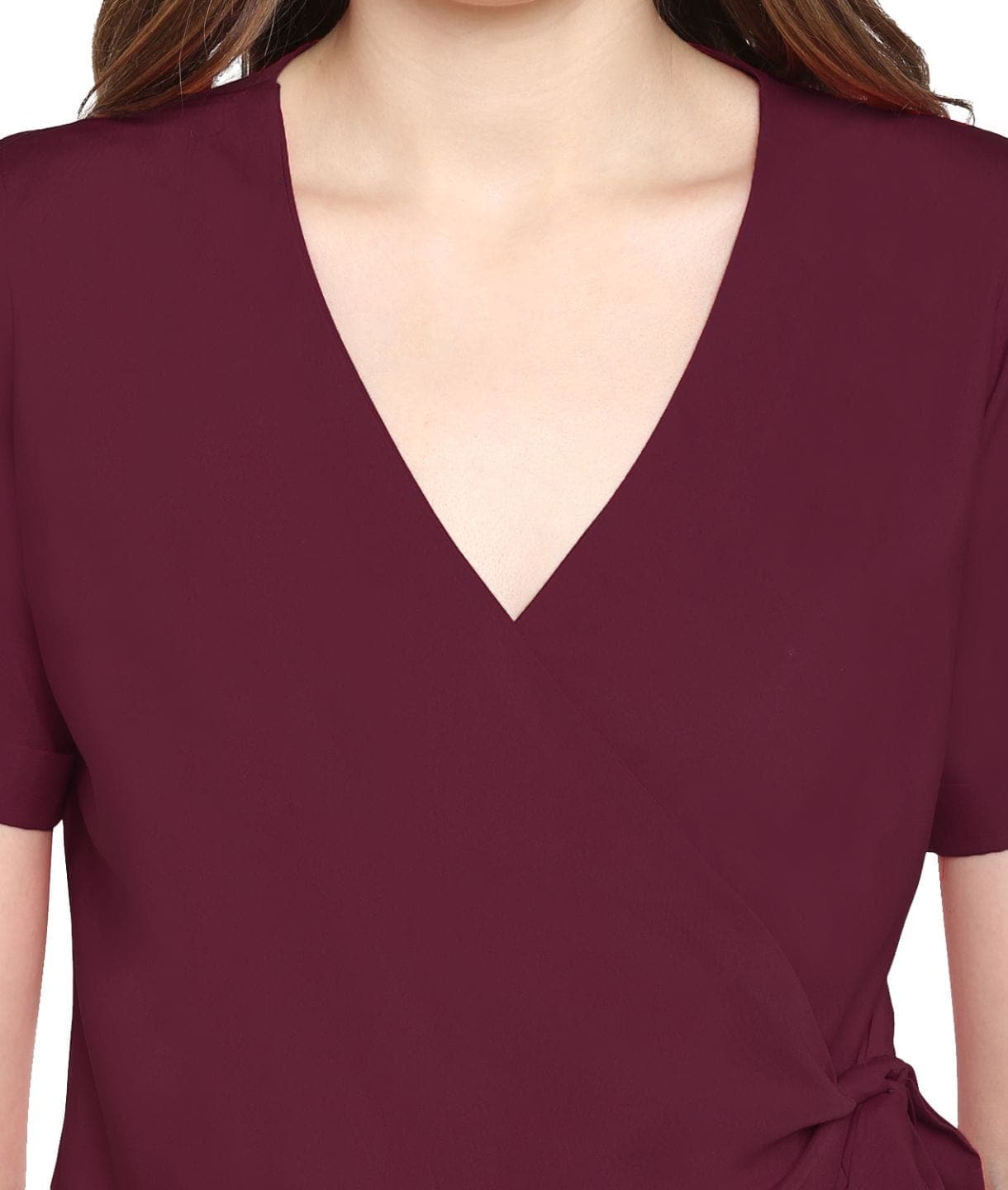 Maroon Solid Crepe Wrap Top - Uptownie