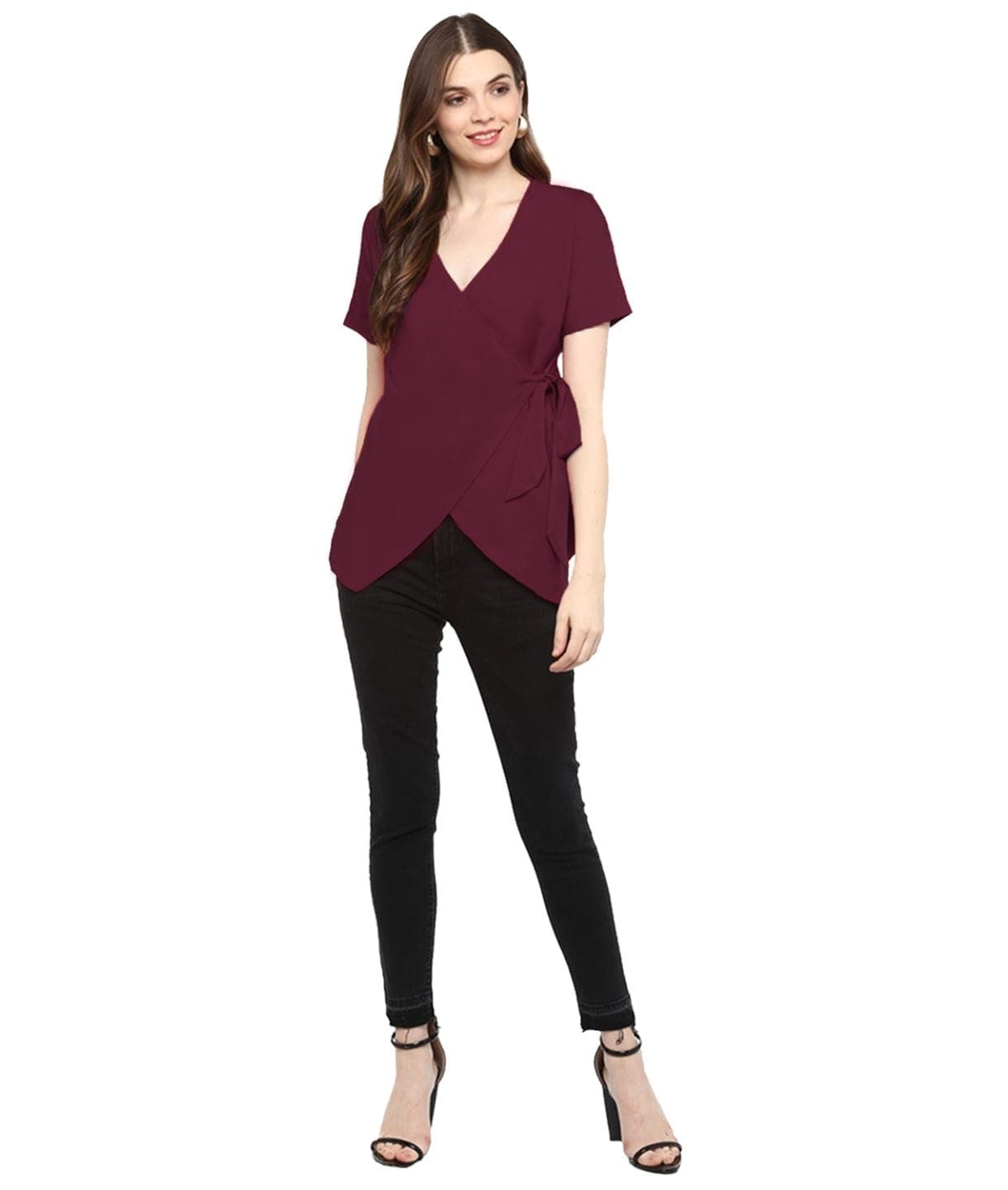 Maroon Solid Crepe Wrap Top - Uptownie