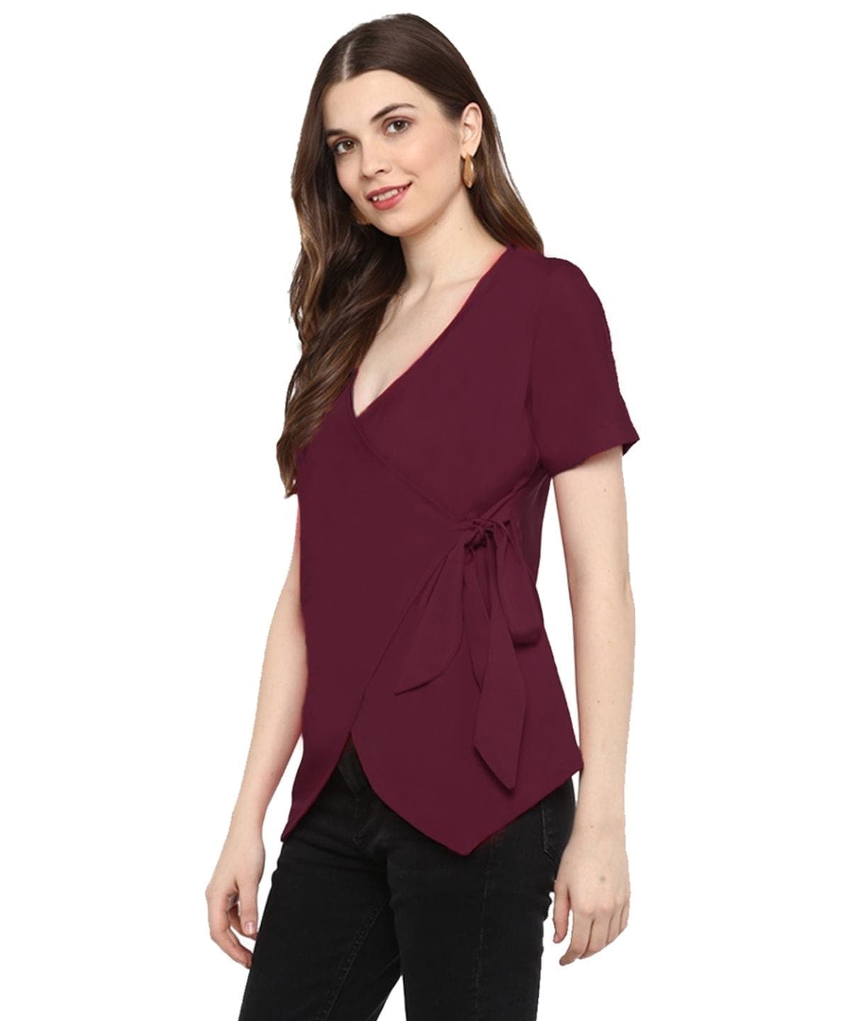 Maroon Solid Crepe Wrap Top - Uptownie