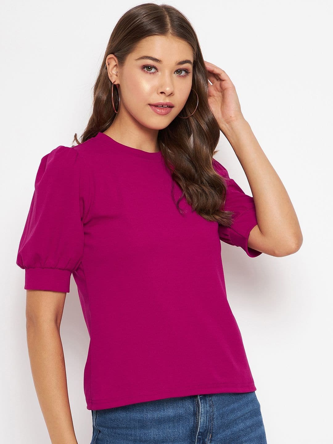 Cotton Solid Stretchable High Neck Puff Sleeve Top - Uptownie