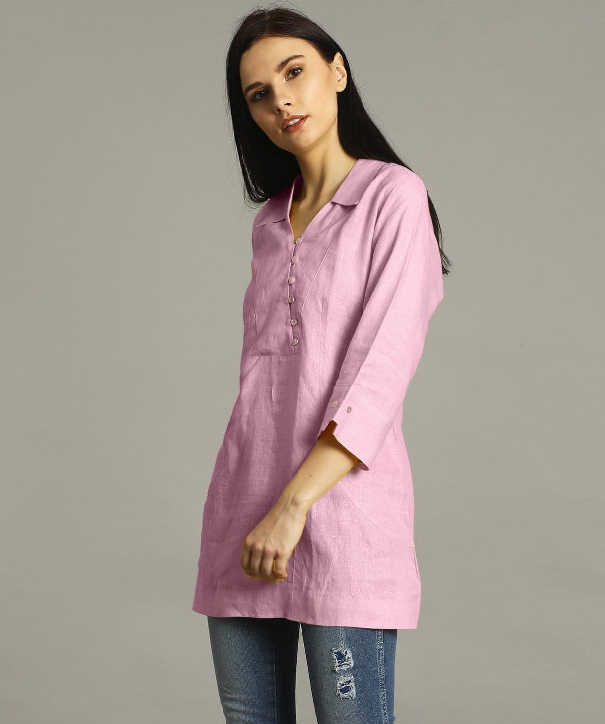 Baby Pink V-Neck Linen Tunic - Uptownie